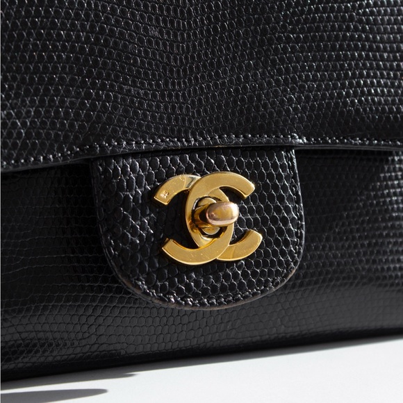 Chanel Vintage Small Classic Flap Exotic Lizard Leather 24K Gold CC Black Bag - Picture 5 of 16